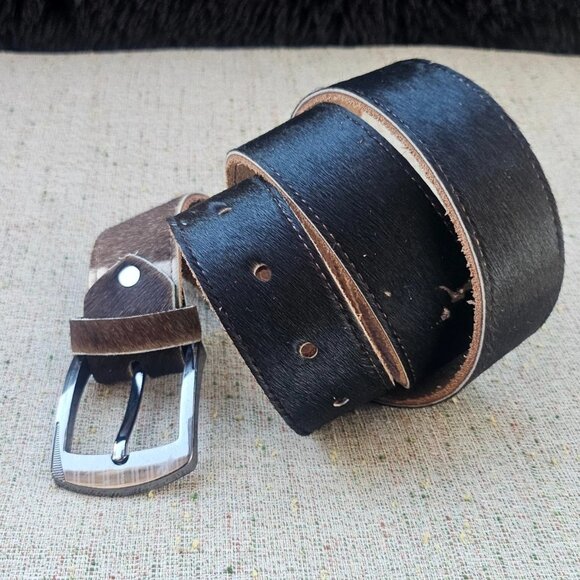 Real Fur Belt Dark Brown Hair Fur Genuine Leather Handmade Pin Buckle Waistband - Picture 1 of 12